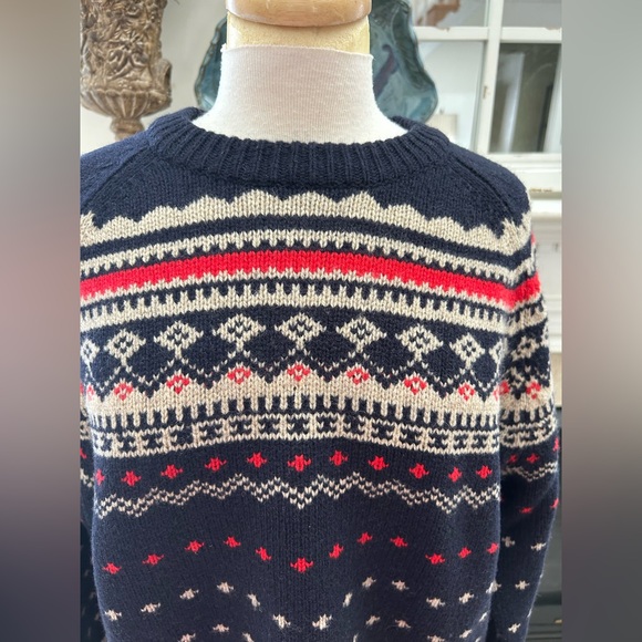 J. Crew Men's Navy and Red Fair Isle Lambs Wool Sweater - Picture 7 of 13